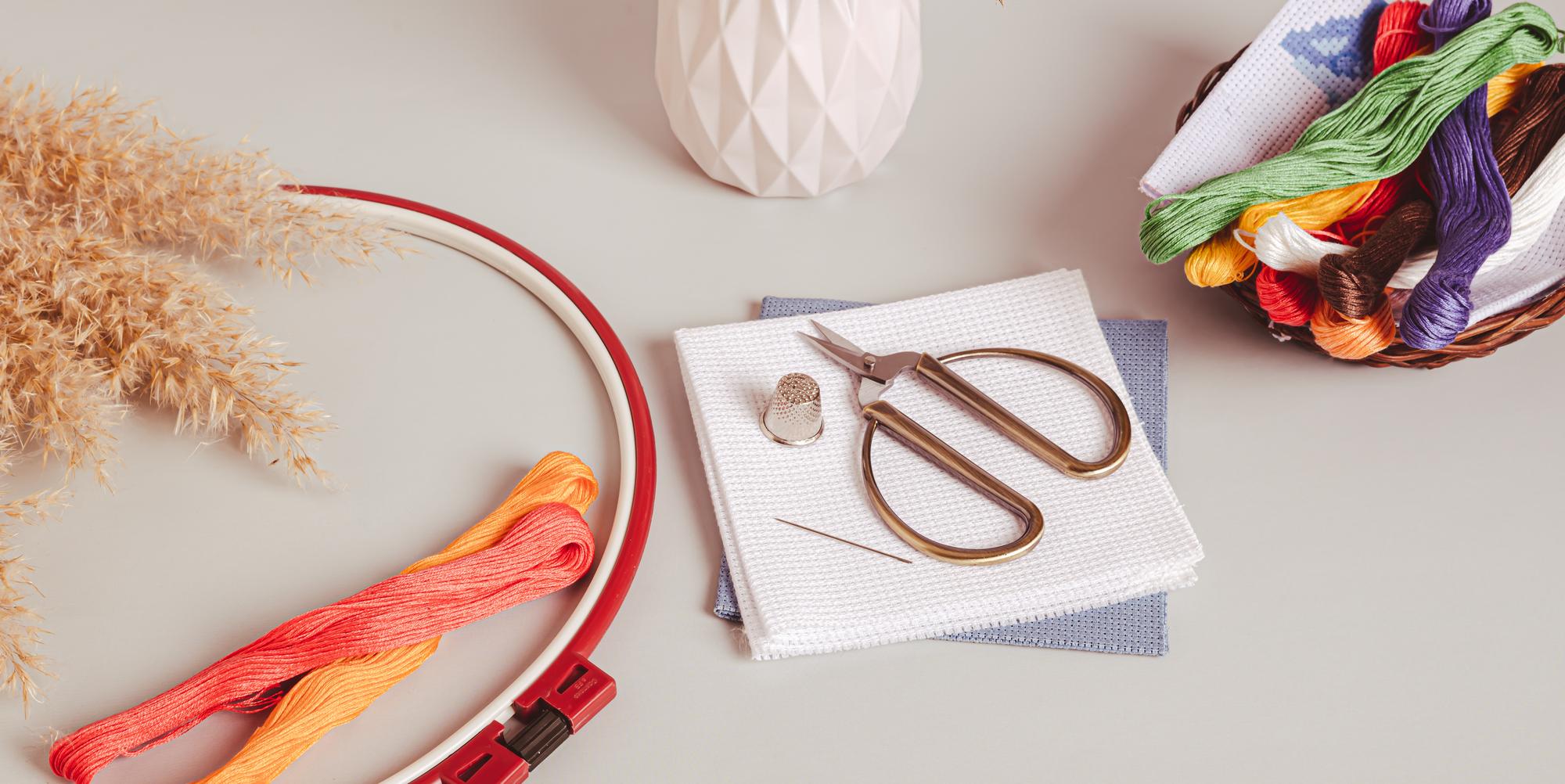 Work table with hoops and threads